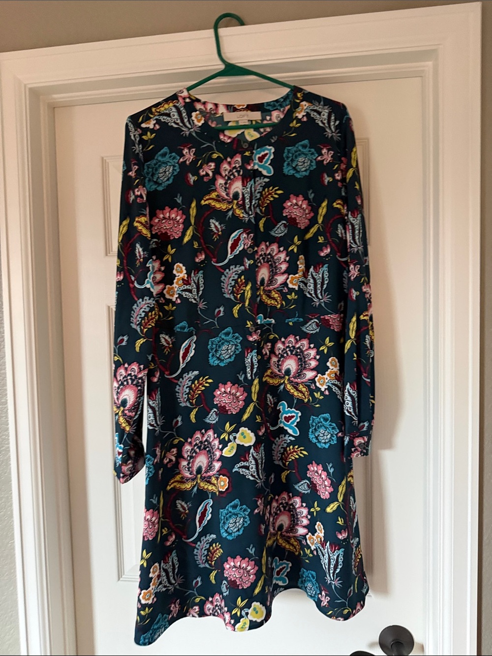 LOFT Dark Teal Long Sleeve Floral A-Line Dress